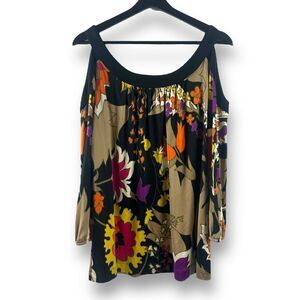 Escada Women's L Cold Shoulder 100% Silk Blouse Multicolor‎ Floral Bold Artsy